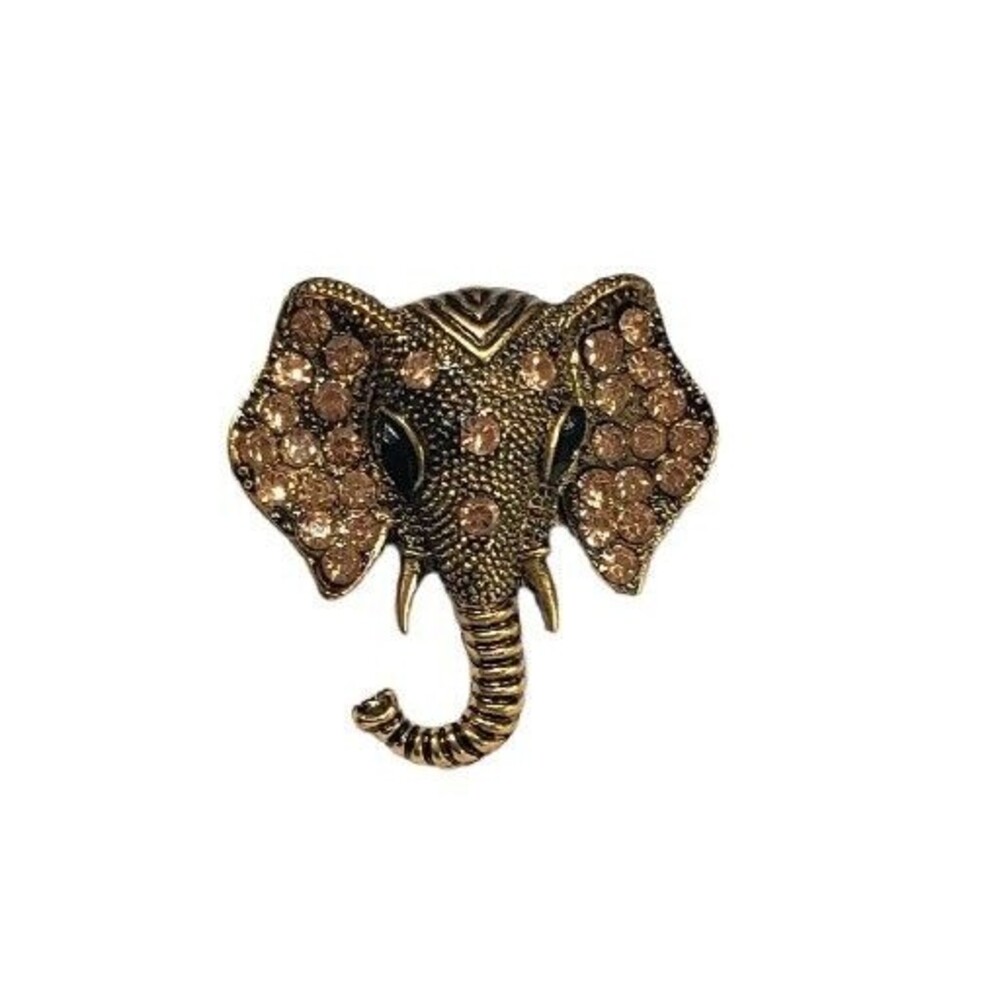 Elephant Pin Brooch Striped Trunk Rhinestone Ears 1.5 Inches Gold Tone Black